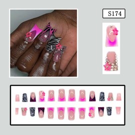 Press on Nails Duck Shaped Glossy Full Cover Medium Acrylic Duck Pink French False Nails with Rhinestone Designs Artificial Duck Fake Nails with Charms Glue ons Nails Stick on Fingernails for Women