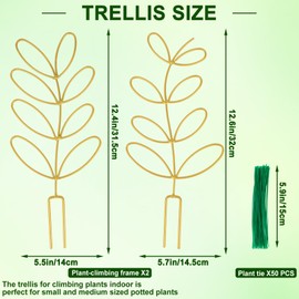 AUGSUN 2 Pcs Gold Trellis Leaf Shape 12 Inch Metal Plant Support with 50 Ties for Climbing Potted Plants Houseplant Garden Indoor Outdoor