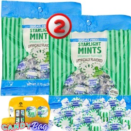(PACK OF 2) Sugar Free Spearmint Starlight Mints Hard Candy - Individually Wrapped - Fat-Free, 0 Trans Fat, Sugarfree - Refreshing Cool - White & Green Stripes Button Disc Drops - Snack Desert Treat - Included One Think FWD Resealable Candy ZipBag (SPEAR