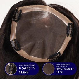 Alzkkll Hair Toppers for Women, 6x6 inch Without Bangs 100% Real Human Wig with Mono 18 inch Pure Black Root with 4 Clips for Women Thinning Hairs or Loss