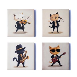 Ceramic Coasters Set of 4 – Square Drink Coasters with Cork Backing, 3.9x3.9 Inches – Decorative Printed Designs for Home, Office, or Gift Use (Musical Cats)