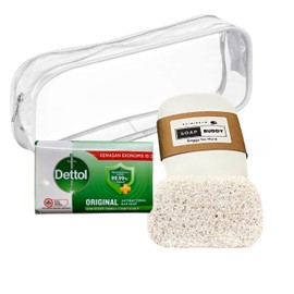 Compact Travel Companion Bundle: Dettol Soap with Shimireum Leakproof Soap Case, Soap Saver Pad complete with Clear Toiletry Case (Original)