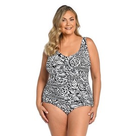 Maxine Of Hollywood Women's Standard V-Neck Twist Front Shirred One Piece Swimsuit, Black//Tahitian Tribe Floral