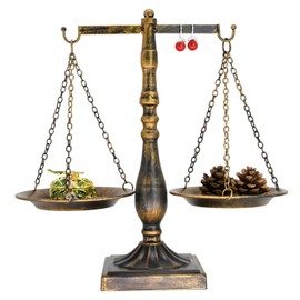 Vintage Metal Libra Jewelry Towers Display Cosmetic Organizer Storage, Scale Centerpiece Stand, Antique Jewelry Storage, Farmhouse Candleholder Display – Bronze, 7.7“ W x 12.1“ H