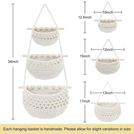 yuuzue 3 Tier Hanging Fruit Basket, Cotton Woven Wall Hanging Basket for Organizing, Hanging Produce Basket for Fruit Vegetable Storage, Boho Wall Baskets for Kitchen Bedroom Living Room