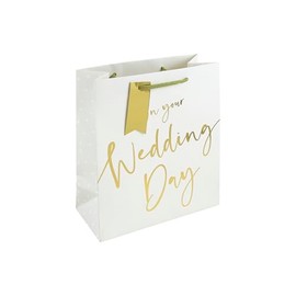 Eurowrap White Kraft Paper On Your Wedding Day Gift Bag With Gift Tag - White/Gold - Gift Bag for Wedding - Eco Friendly Bag 100% Recyclable - Wedding Gift Wrap - Medium Size