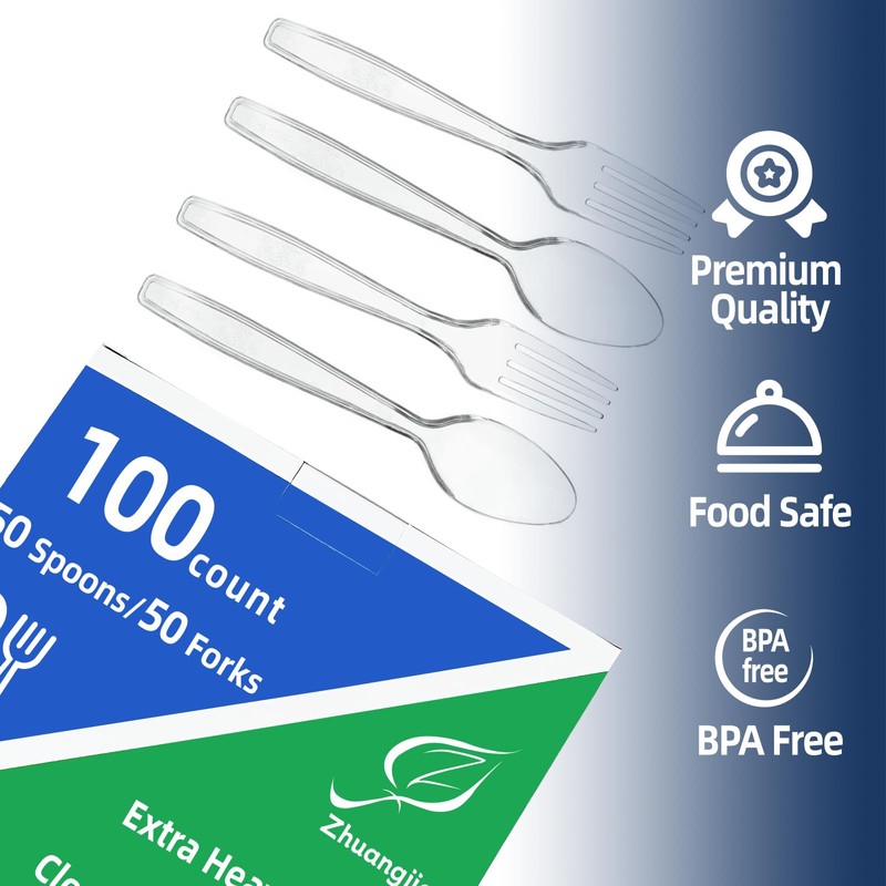 100 Pcs Clear Plastic Silverware Extra Heavy Duty, 50 Forks
