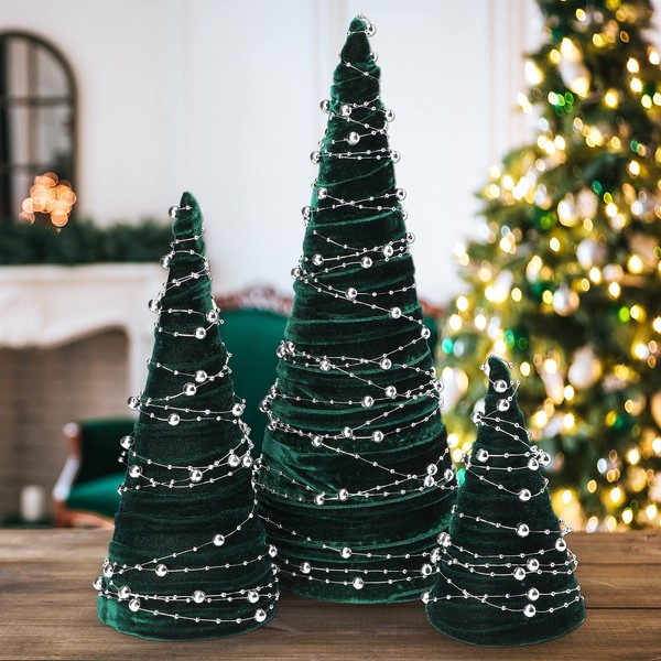 3 Pieces Christmas Velvet Trees Set with Bead String Christmas Tree Decorations Modern Mantle Decor for Entryway Decor, Christmas Home Decor, Farmhouse Home Decor (Emerald, Silver Bead String)