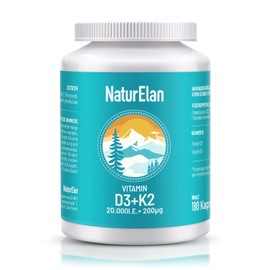 Vitamin d3 k2 kapseln hochdosiert - 20000I.E. + Vitamin K2 MK7 200 mcg pro Dosis, Vitamin D, 180 Vegetarisch kapseln, Ohne Zusätze, In Deutschland Produziert
