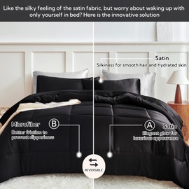 MR&HM Queen Comforter Set Black, Reversible Satin Microfiber Comforter Set for All Seasons, 3 Pieces Non-Slip Silky Soft Bedding Sets with 1 Comforter (90"x90") and 2 Pillowcases (20"x26")