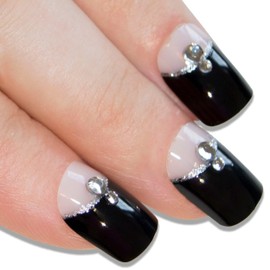 Bling Art False Nails French Manicure Black Crystal Full Cover Medium Tips UK