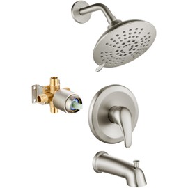 Cinwiny Bathtub Shower Faucet Set Wall Mounted 6 Inch 5-Spray Rainfall Shower Head with Rough-in Valve Single Handle Control Shower Trim Kit with Tub Spout, Brushed Nickel