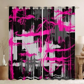 Feelyou Hot Pink Black Grey Curtains for Bedroom Living Room (2 Panels, 42 x 84 Inch) Kids Abstract Art Blackout Curtains Modern Striped Art Darkening Dreapes Geometric Window Treatments