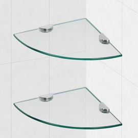 Glass Corner Shower Shelves, Tempered Floating Glass Shelves Wall Mount, Shower Caddy Organizer, Bathroom Corner Shelf with Zinc Alloy Brackets for Bathroom, Kitchen, Living Room, 9.8" x 9.8", 2 Pack