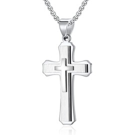 FUTPLOR Large Cross Necklace for Men, Stailess Steel Silver Cross Triple Layer Big Cross Pendant Unisex Faith Jewelry Gift for Prayer 28 Inches Box Chain (Silver silver)