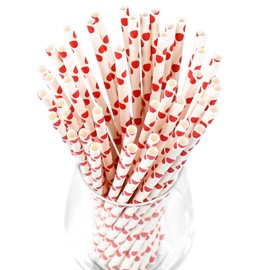 Lives on Green 7.75'' x 0.24'' Red Polka Dots Disposable Paper Straws for Drinking, Compostable, 100 Counts - for Cocktail, Soda, Juice, Milk, Water
