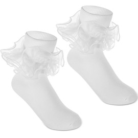 Lnngub White Ruffle Socks Women Ruffle Socks Girls Ruffle Socks White Socks with Ruffles Double Lace Turn Cuff Socks Lace Ruffle Socks Comfortable Cotton Socks Frilly Socks for Girls Aged 10-12 Years