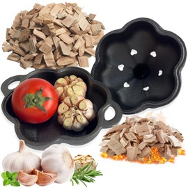 BCYUOPT Pre-Seasoned Cast Iron Smoker & Garlic Roaster, Heavy Duty with Lid & Smoker Box for Wood Chips, Outdoor Smokers Cooker