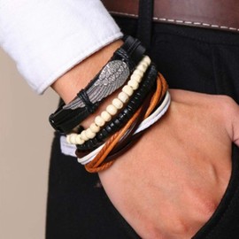 MiniJewelry Angel Wing Beads 4Pcs Braided Leather Adjustable Wrap Bracelet Men Girlfriend Daughter Sister Girls Women Anniversary Birthday