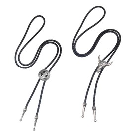 Hioip 2Pcs Leather Tie Necktie Cow Skull Texas Ranger Star Chain, Rodeo Bolo Tie Mens Leather Necklace Adjustable Vintage, Unisex Wild West Theme Cowboy Accessories, Bull Head&Star Buckle Decors