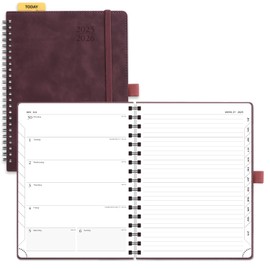 POPRUN Planner 2025-2026 Weekly Notebook (Medium 8.5''x 6.5''), Academic Calendar (JUL.25 - JUN.26) Appointment Book with Monthly Tabs, Spiral Soft Cover, Inner Pocket, 100 GSM - Claret