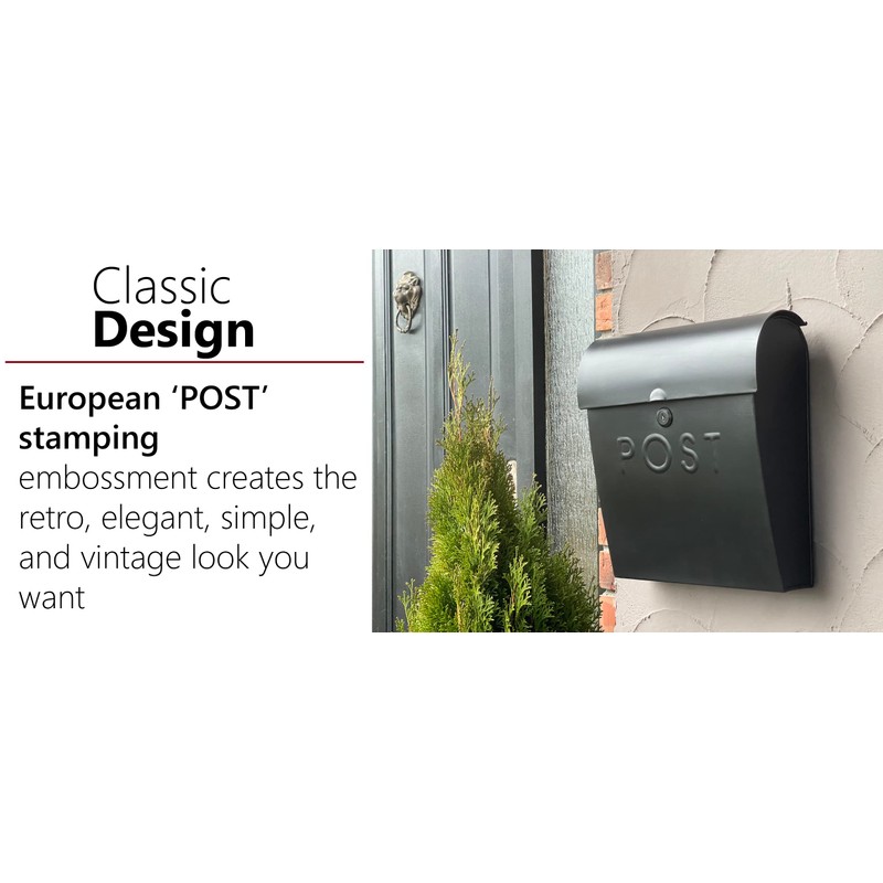 NACH Locking Black Wall Mount Mailbox, Durable Euro Black Mailboxes