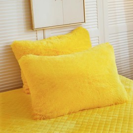 LIFEREVO 2 Pack Shaggy Plush Faux Fur Pillow Shams Velvet Reverse,Decorative Throw Pillow Covers,Fluffy Pillowcases Zipper Closure for Couch,Sofa,Bed King(Yellow,20"x36")