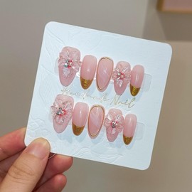 TENPAL Cat Eye Press on Nails 10Pcs Kit,Medium Almond False Nails Nude Pink Gold French Tips, Removable Summer Floral Blush Fake Nails, Simple Glue on Nails for Women Cute Design Stick on Nails(S)