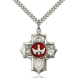 Extel Silver Catholic 5 Way Cross Pendant Necklace, Red Enamel Holy Spirit Dove Center Pointed Edge