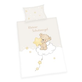 Herding Small Guardian Angel Bed Linen Set, Made in Green by OEKO TEX, Pillowcase Approx. 40 x 60 cm, Duvet Cover Approx. 135 x 100 cm, with Button Closure, 100% Cotton/Flannel, White/Beige