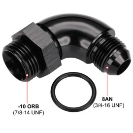 Podavelle 8AN Male Flare to 10AN -10 ORB O-ring Boss 90 Degree Full Flow Fitting Adapter Aluminum Black