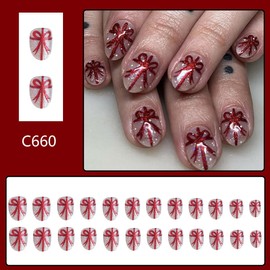 Christmas Press on Nails Short Almond Fake Nails with Holiday Bows Designs Full Cover Glitter Winter Acrylic Nails Xmas Artificial on Nails Glue on Nails for Women and Girls DIY Manicure 24Pcs