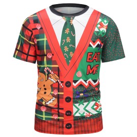 yolsun Men's Ugly Christmas T-Shirts, Adult 3D Print Funny Gingerbread Man Cardigan Graphic Short Sleeve Costume for Xmas Party (Gingerbread Man Cardigan, XX-Large)