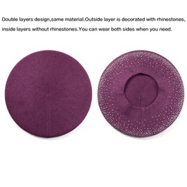 LADYBRO Sombreros de boina con diamantes de imitación para mujer, 2 capas de lana francesa, sombrero cálido de invierno, Morado-44009, Talla única