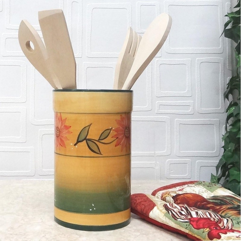 ACK Country Sunflower Hand Painted Ceramic Utensil Jar With Wooden