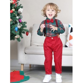 mintgreen Baby Boy Suit, Christmas Outfit Bodysuit Gentleman Plaid Shirt Set, Green Red, 3-6 Months, 60