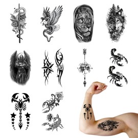 Temporäre Tattoos,Wasserfest Fake Tattoos zum Aufkleben,10 verschiedene Motive, die auf Hände, Beine und andere Körperteile geklebt werden können.，Anwendbar auf für Männe Frauen (Schwarz)