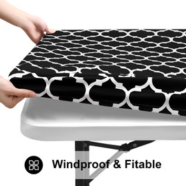 Smiry Rectangle Picnic Table Cover, Waterproof Elastic Fitted Camping Table Covers for 6 Foot Tables, Wipeable Flannel Backed Vinyl Tablecloth Protector for Indoor, Outdoor (Black, 30x72 Inches)