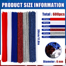 600 PCS Pipe Cleaners, Red Blue White Pipe Cleaners Bulk for Crafts Flowers, Bouquet Making, Chenille Stem for Home Independence Day Decorations