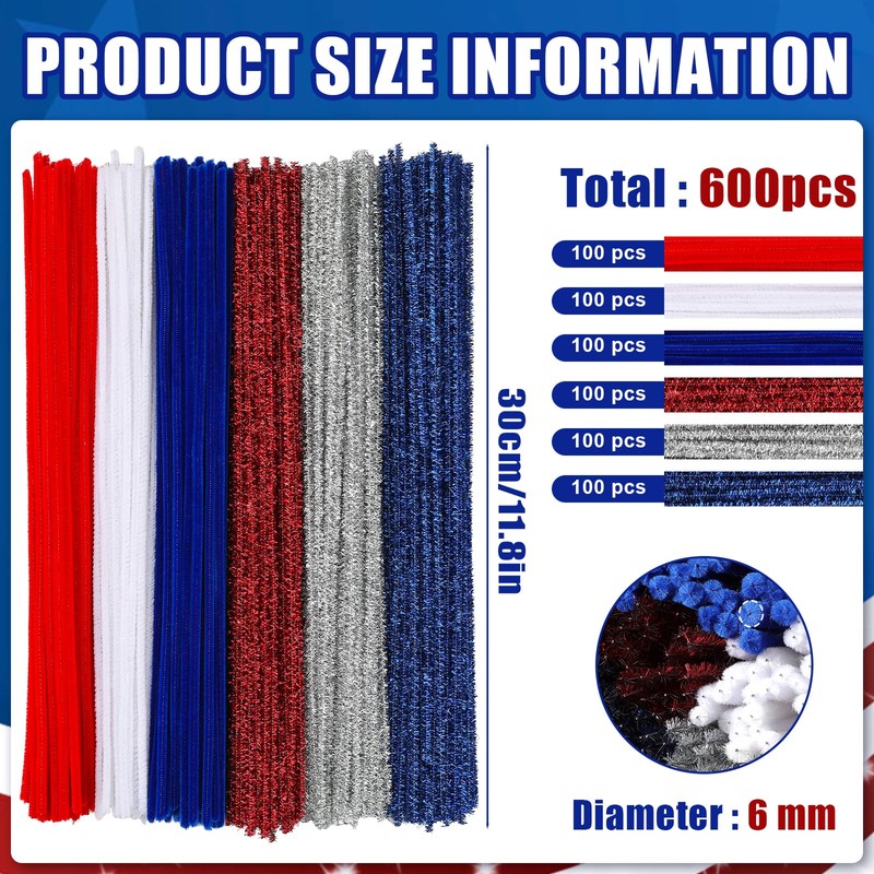 600 PCS Pipe Cleaners, Red Blue White Pipe Cleaners Bulk