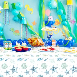 AXWATDEI 3-Pack Beach Seashell Tablecloths (8.9x4.6ft) Party Decorations Supplies - Ocean Theme Table Covers for Baby Shower Birthday Party Decor, Summer Sea Style Prints (Starfish, Seashell)