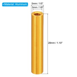 PATIKIL 6pcs M3 Metal Threaded Standoff Spacer Nuts, Round Aluminum Spacers Female Coupling Screws, 1/8" ID x 3/16" OD x 1 3/32" L Gold