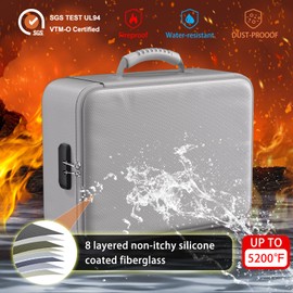 ENGPOW 5200°F Fireproof Document Bag with Lock, Upgraded Heat Insulated Fireproof＆Waterproof Box 8 Layers Document Organizer, Portable Home Travel Safe Storage Box for Important Files, Laptop, Silver