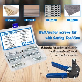BESTYCHAO Heavy Duty Gun Wall Anchor Metal Setting Tool with 24pcs Hollow Wall Anchor Screws Assortment Kit for Cavity Anchor Plasterboard Fixing