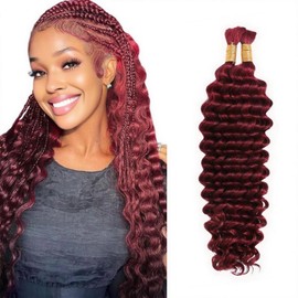Dabork Human Braiding Hair 20 Inch 100g 2 Bundles/Pack Bulk Deep Wave No Weft Human Hair for Boho Box Braids Extensions 99J Burgundy