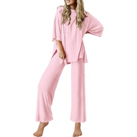 Ekouaer Lounge Sets for Women Short Sleeve Tops and Long Pants Soft Comfy Pajamas Set 2 Piece Outfits,Pink,M