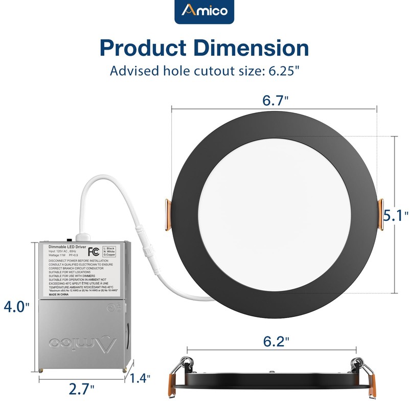 Amico Black 1 Pack 6 Inch 5CCT Ultra-Thin LED Recessed