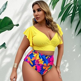 Womens Plus Size Bikini Set High Waisted Bikini Set Plus Size Swimwear for Women Push Up Tummy Control Bikini Beachwear Swimming Costume for Women (Yellow XL)