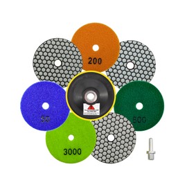 QUEFORET Diamond Polishing Pads Set 9pcs - 7pcs 100mm Dry Sanding Discs (Grit 50/100/200/400/800/1500/3000), 1pc M14 Thread Backing Pad, 1pc Adapter for Granite Marble Quartz Artificial Stone