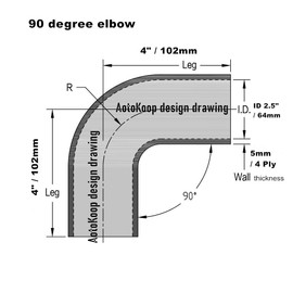 AotoKoop ID 2.5" (63mm) 90 Degree Elbow Silicone Coupler Hose, Leg length 4" (102mm) 4-Ply Reinforced Wall 0.2" (5mm) with T-Bolt Clamps 2pc Black